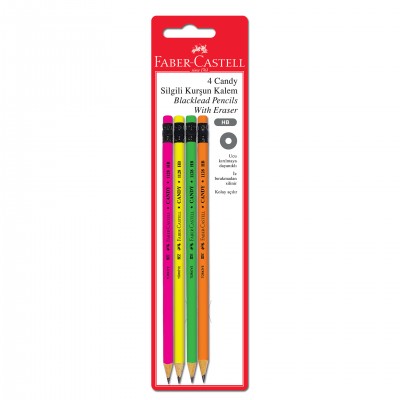 Faber-Castell Молив Candy, чернографитен, HB, с гума, флуоресцентен, 4 броя в блистер Faber-Castell Молив Candy, чернографитен, HB, с гума, флуоресцентен, 4 броя в блистер