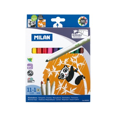 Milan Флумастери, изтриваеми, 10 цвята, 1 флумастер гума, опаковка 12