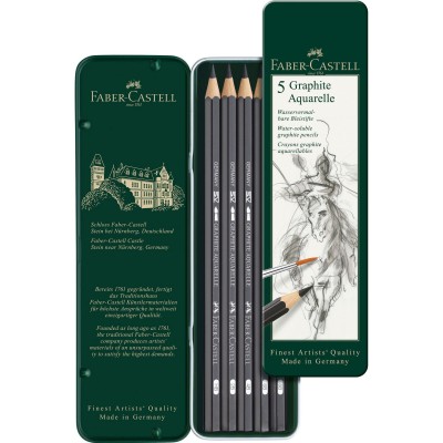 Faber-Castell Акварелни моливи Graphite Aquarelle, чернографитни, 5 броя в метална кутия Faber-Castell Акварелни моливи Graphite Aquarelle, чернографитни, 5 броя в метална кутия